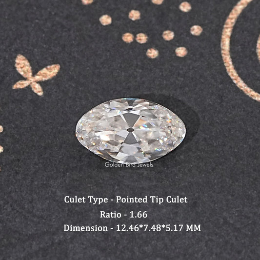 Oval near colorless moissanite gemstone, faceted, loose culet view