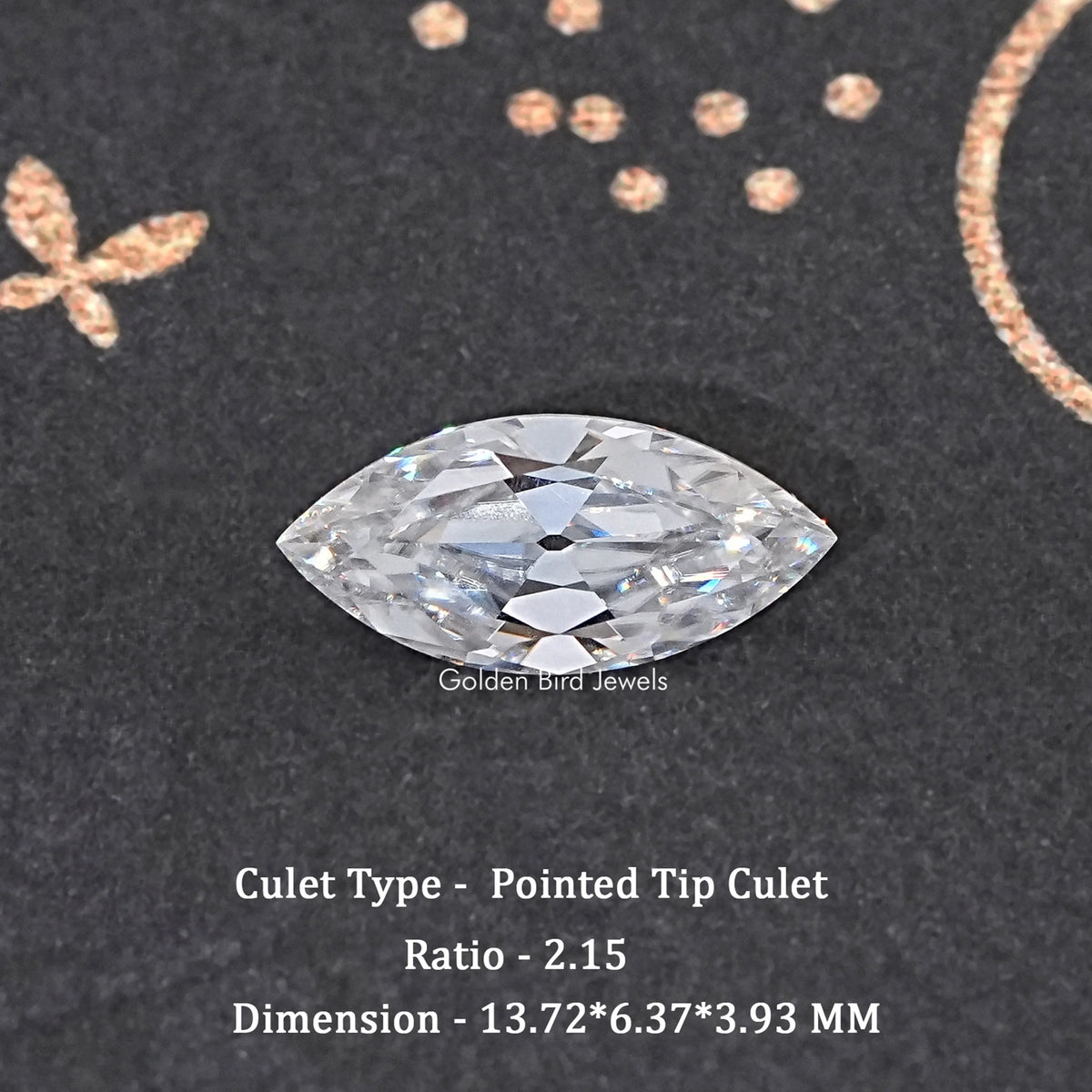 Marquise-cut clear moissanite loose gemstone with pointed tip culet.