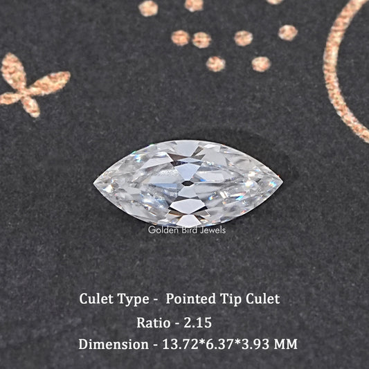Marquise-cut clear moissanite loose gemstone with pointed tip culet.
