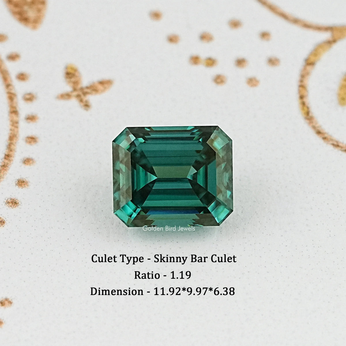 Emerald-cut green moissanite gemstone with faceted rectangular step design