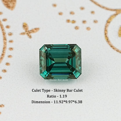 Emerald-cut green moissanite gemstone with faceted rectangular step design