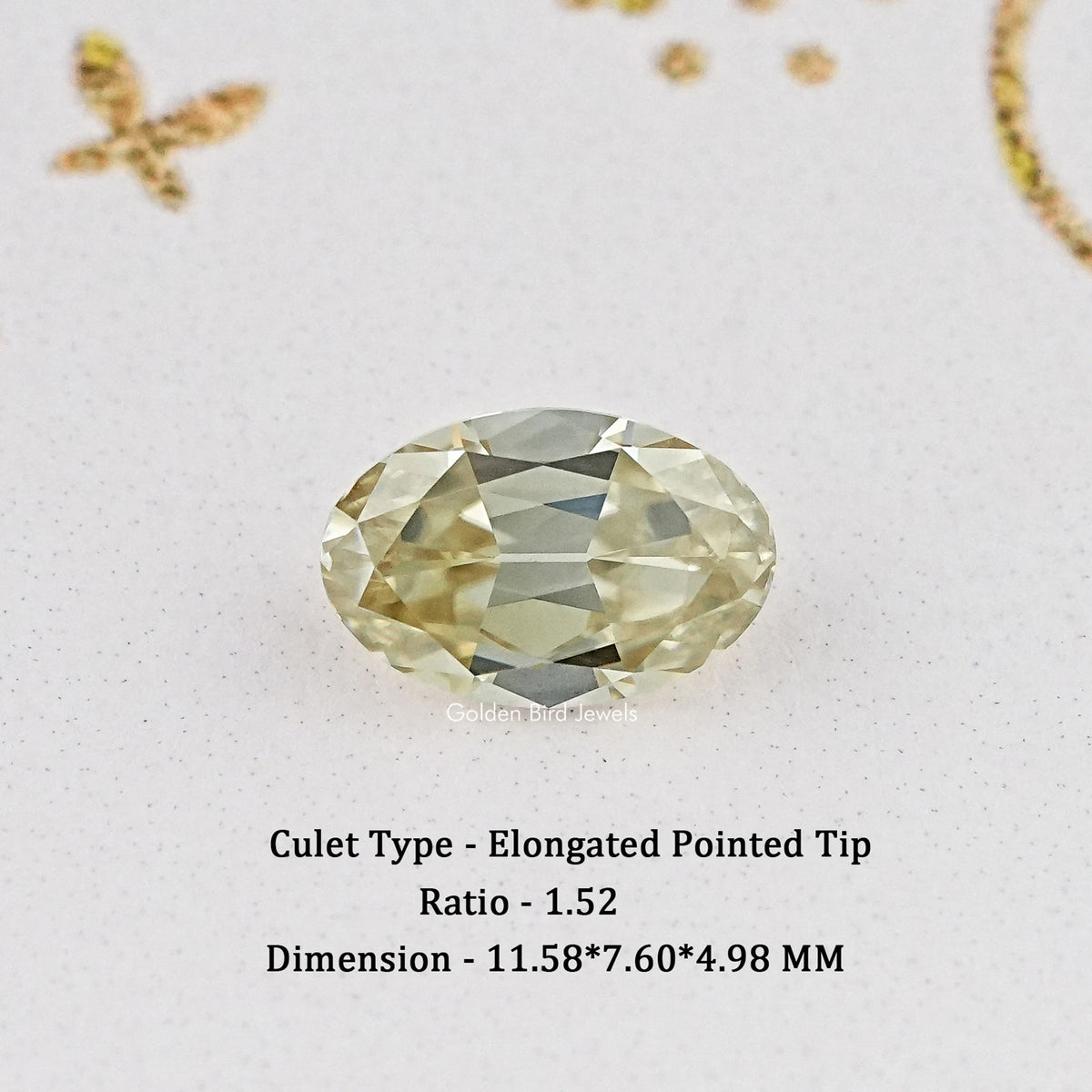 Loose oval yellow moissanite gemstone, faceted, elongated pointed ends