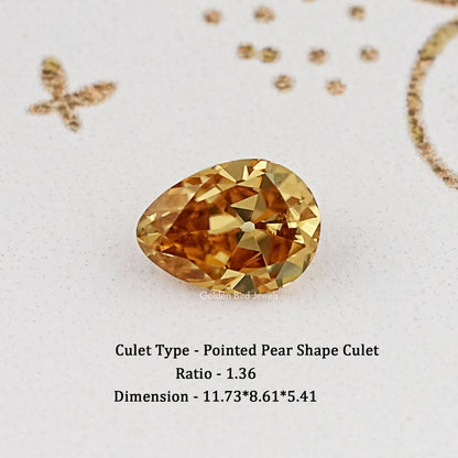 Loose champagne pear-cut moissanite gemstone with pointed culet facet detail