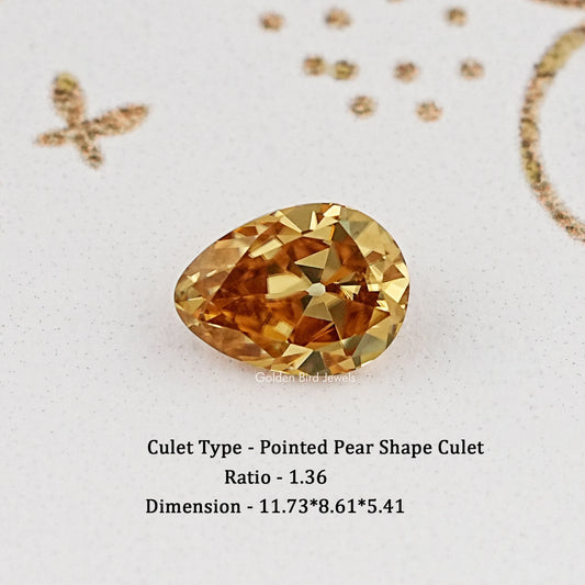 Loose champagne pear-cut moissanite gemstone with pointed culet facet detail