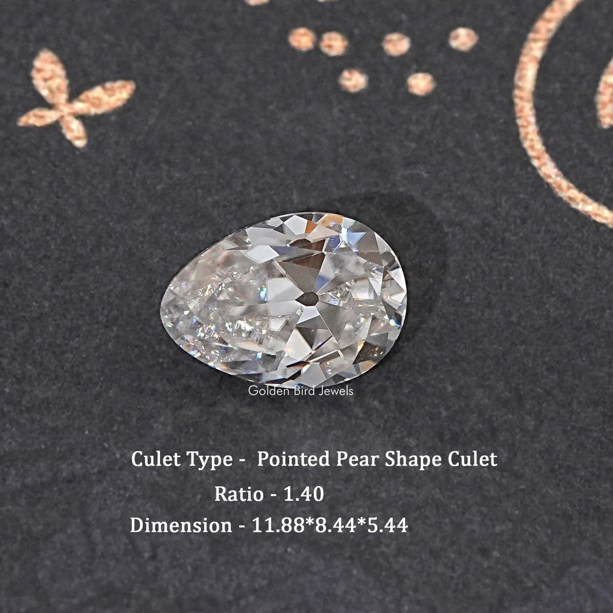 Loose pointed pear-cut moissanite gemstone with sparkling facets.