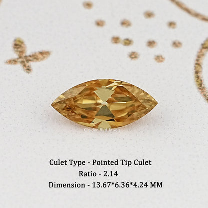 Champagne marquise-cut moissanite gemstone, pointed tip culet, golden-brown color