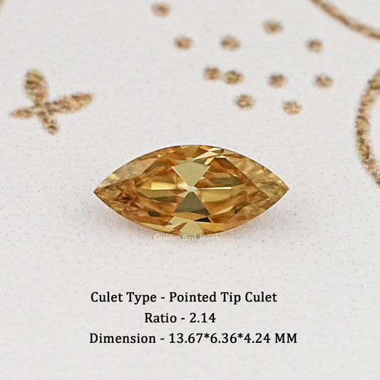 Champagne marquise-cut moissanite gemstone, pointed tip culet, golden-brown color