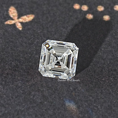 Asscher-cut colorless moissanite loose stone, three-quarter view of step facets