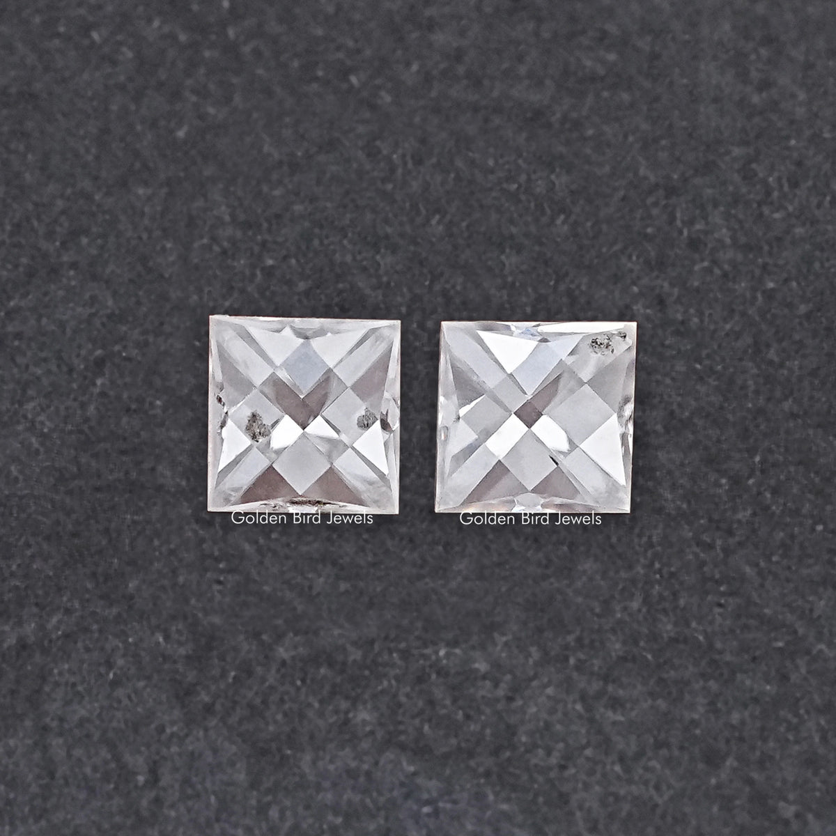 French-cut moissanite pair, off-white square diamond-faceted stones