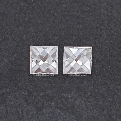 French-cut moissanite pair, off-white square diamond-faceted stones