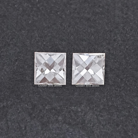 French-cut moissanite pair, off-white square diamond-faceted stones