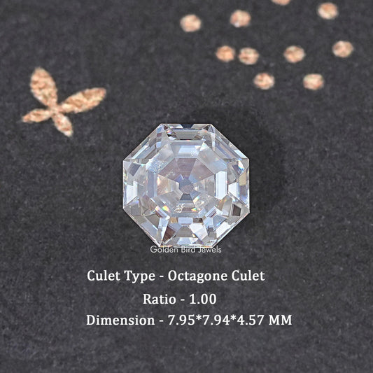 Octagonal loose moissanite gemstone, close-up showing step facets and sparkle