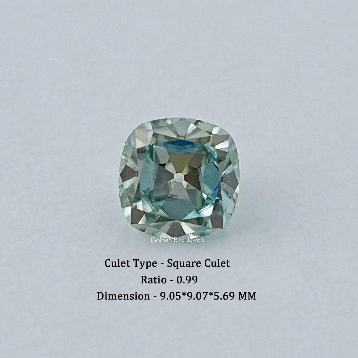 Large cushion-cut moissanite gemstone, light blue with crisp facets