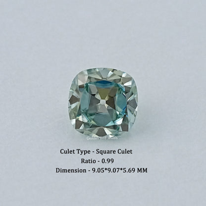 Large cushion-cut moissanite gemstone, light blue with crisp facets