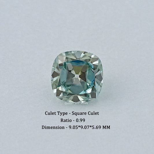 Large cushion-cut moissanite gemstone, light blue with crisp facets