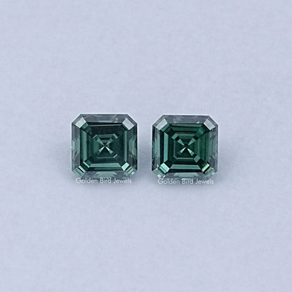 Pair of green Asscher-cut moissanite gemstones, faceted square step cut