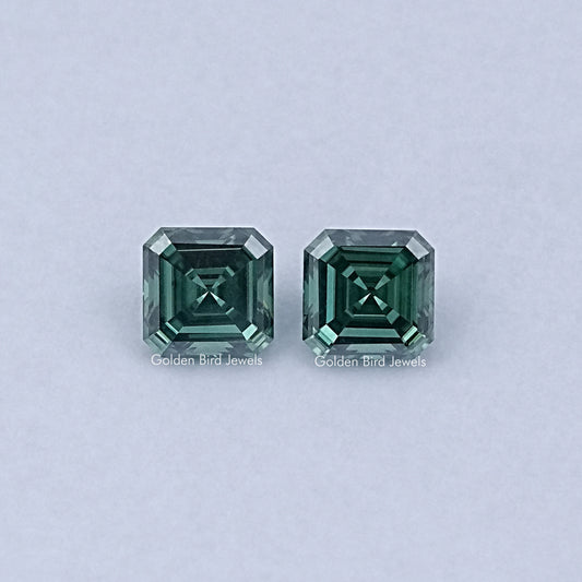 Pair of green Asscher-cut moissanite gemstones, faceted square step cut