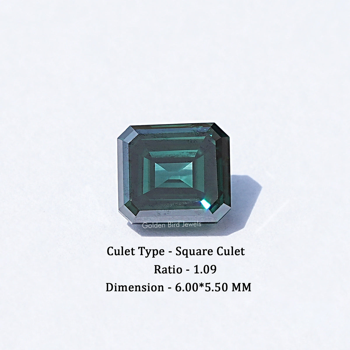 Dark green Asscher-cut moissanite loose gemstone with square culet facets