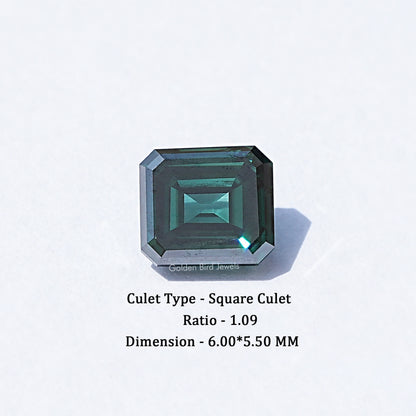 Dark green Asscher-cut moissanite loose gemstone with square culet facets