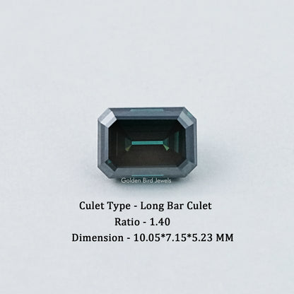 Loose emerald-cut dark green moissanite gemstone, centered view of the table
