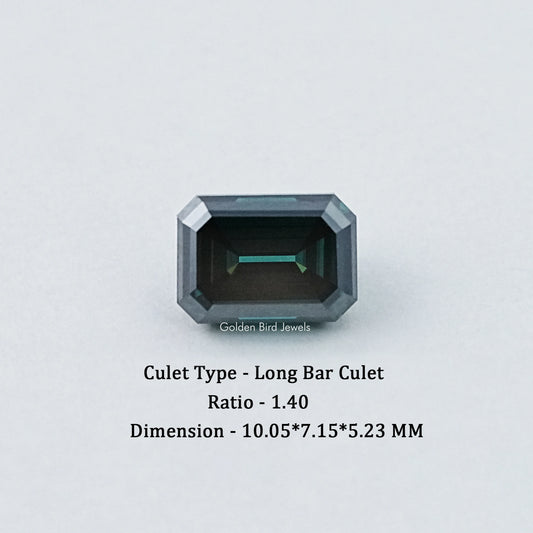 Loose emerald-cut dark green moissanite gemstone, centered view of the table
