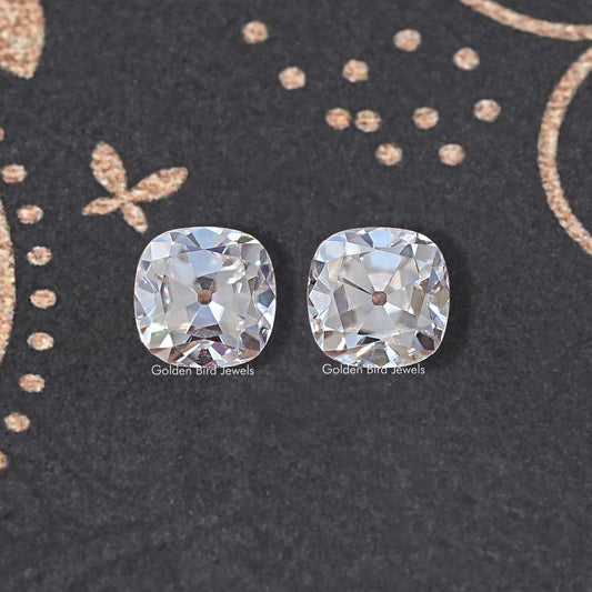 Loose cushion-cut moissanite stones, clear, two faceted cushion gems