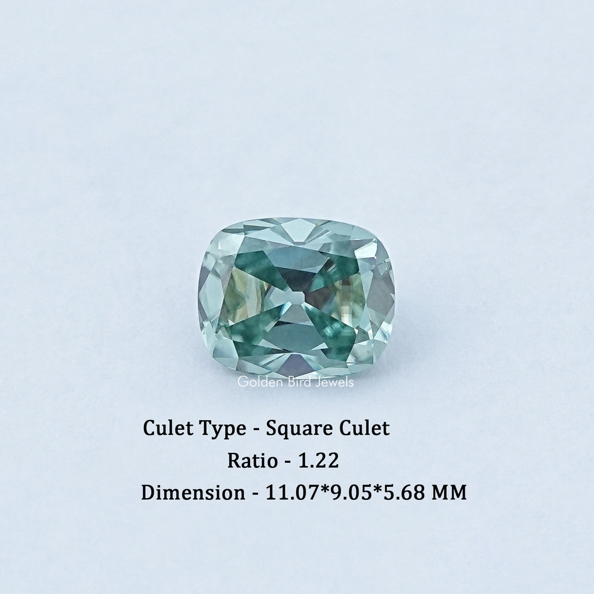 Loose old mine cushion moissanite gemstone, light green, square culet