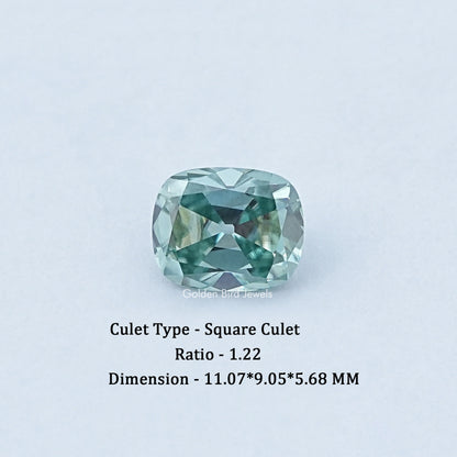 Loose old mine cushion moissanite gemstone, light green, square culet