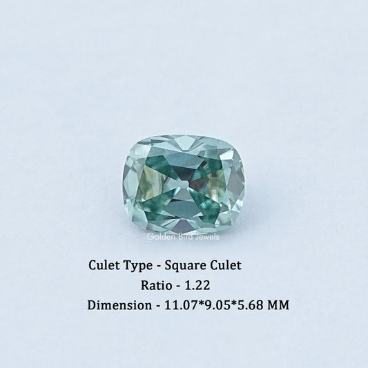Loose old mine cushion moissanite gemstone, light green, square culet