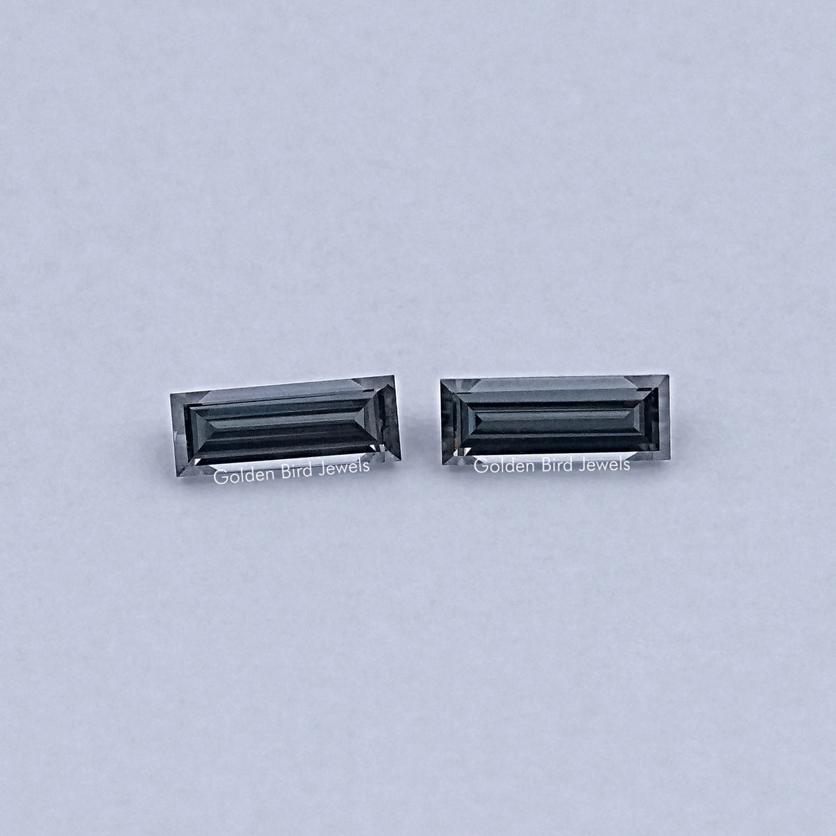 Baguette-cut moissanite stud earrings, dark gray, rectangular bar design