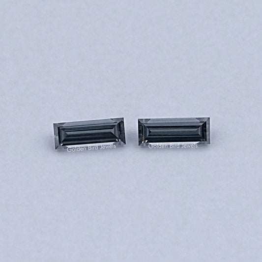 Baguette-cut moissanite stud earrings, dark gray, rectangular bar design