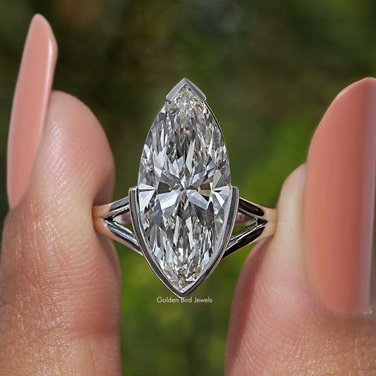 Marquise lab-grown diamond ring close-up front view with split shank prongs