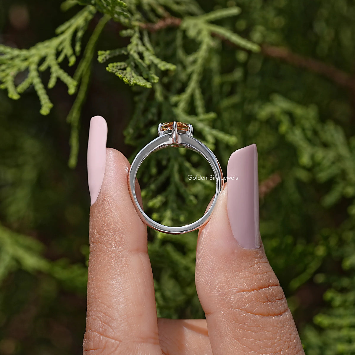 925 sterling silver ring band view with orange marquise-cut moissanite top setting