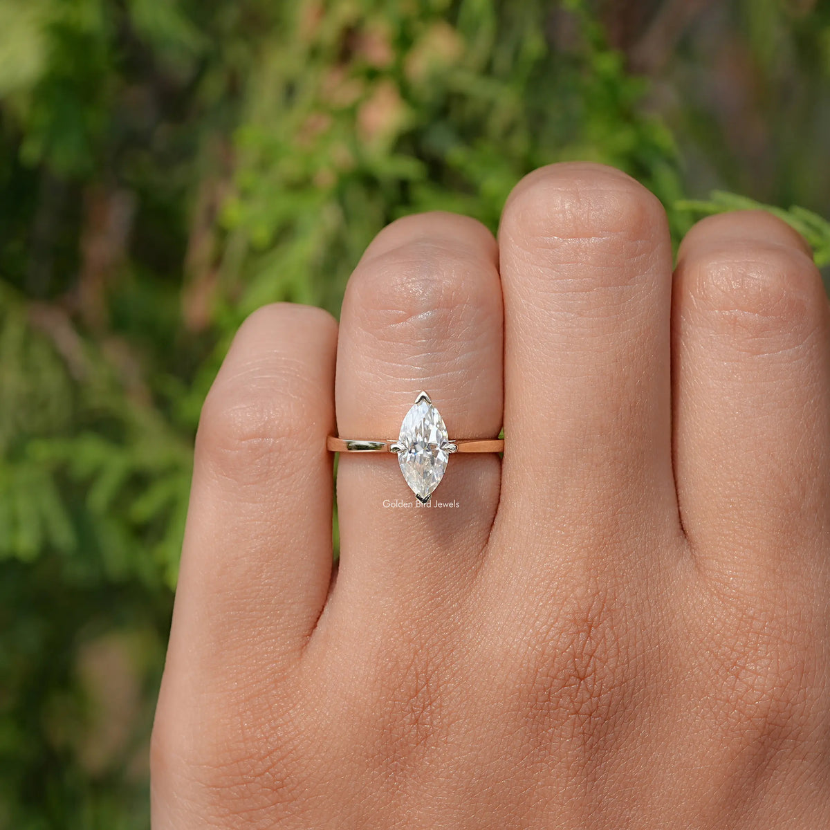 In Finger view of Marquise Cut Moissanite Solitaire Ring 
