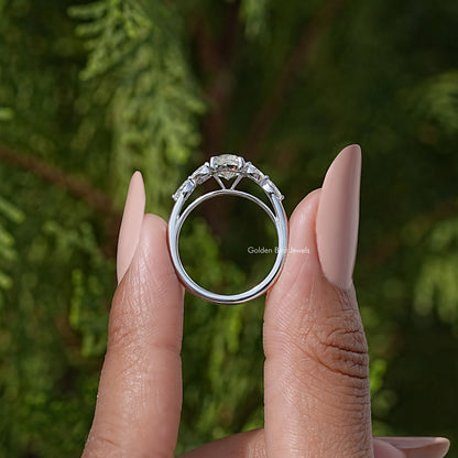 Marquise-cut moissanite diamond leaves ring, round side stones and open silver band