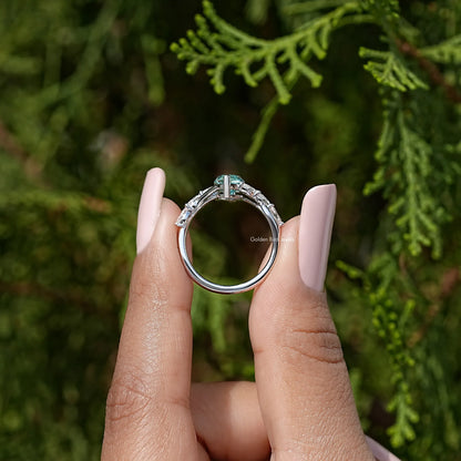 Sterling silver floral wedding ring with marquise gemstone, seen from back angle