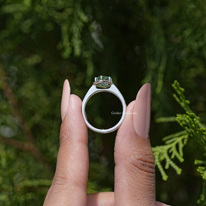 Sterling silver marquise moissanite halo wedding ring, underside view from the back