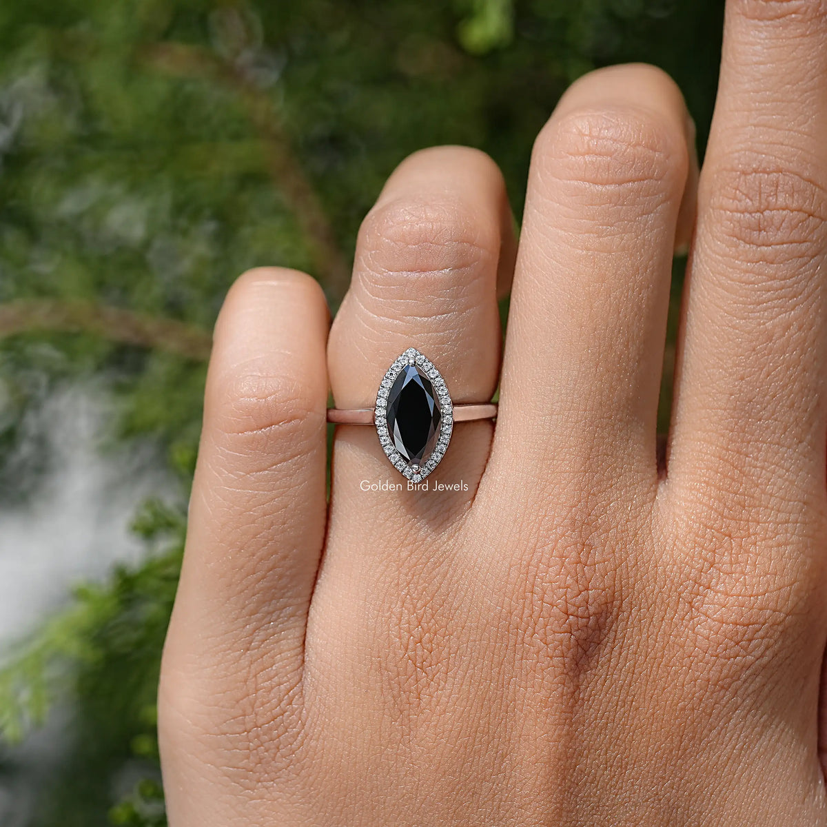 925 sterling silver halo wedding ring with marquise dark center stone