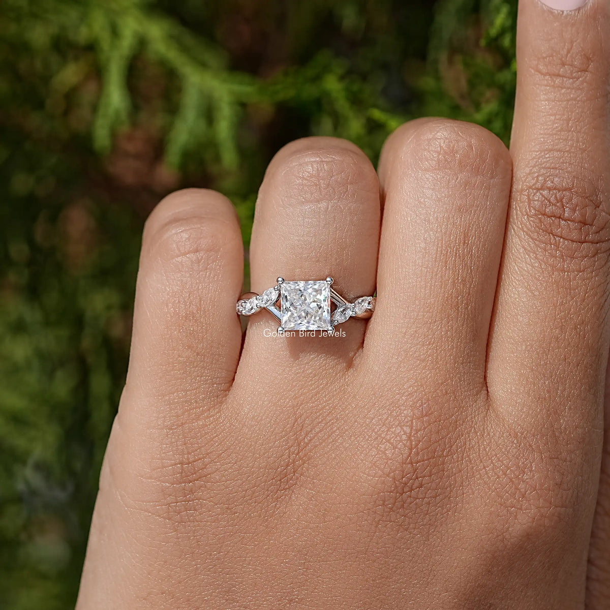Square-cut moissanite promise ring in 925 sterling silver with side floral accents