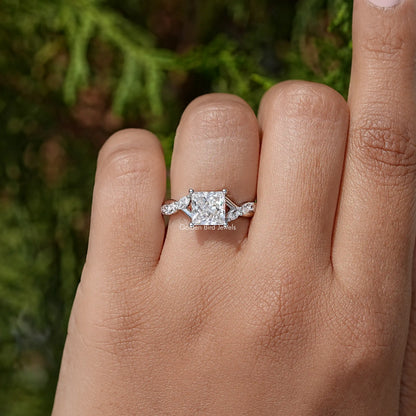 Square-cut moissanite promise ring in 925 sterling silver with side floral accents