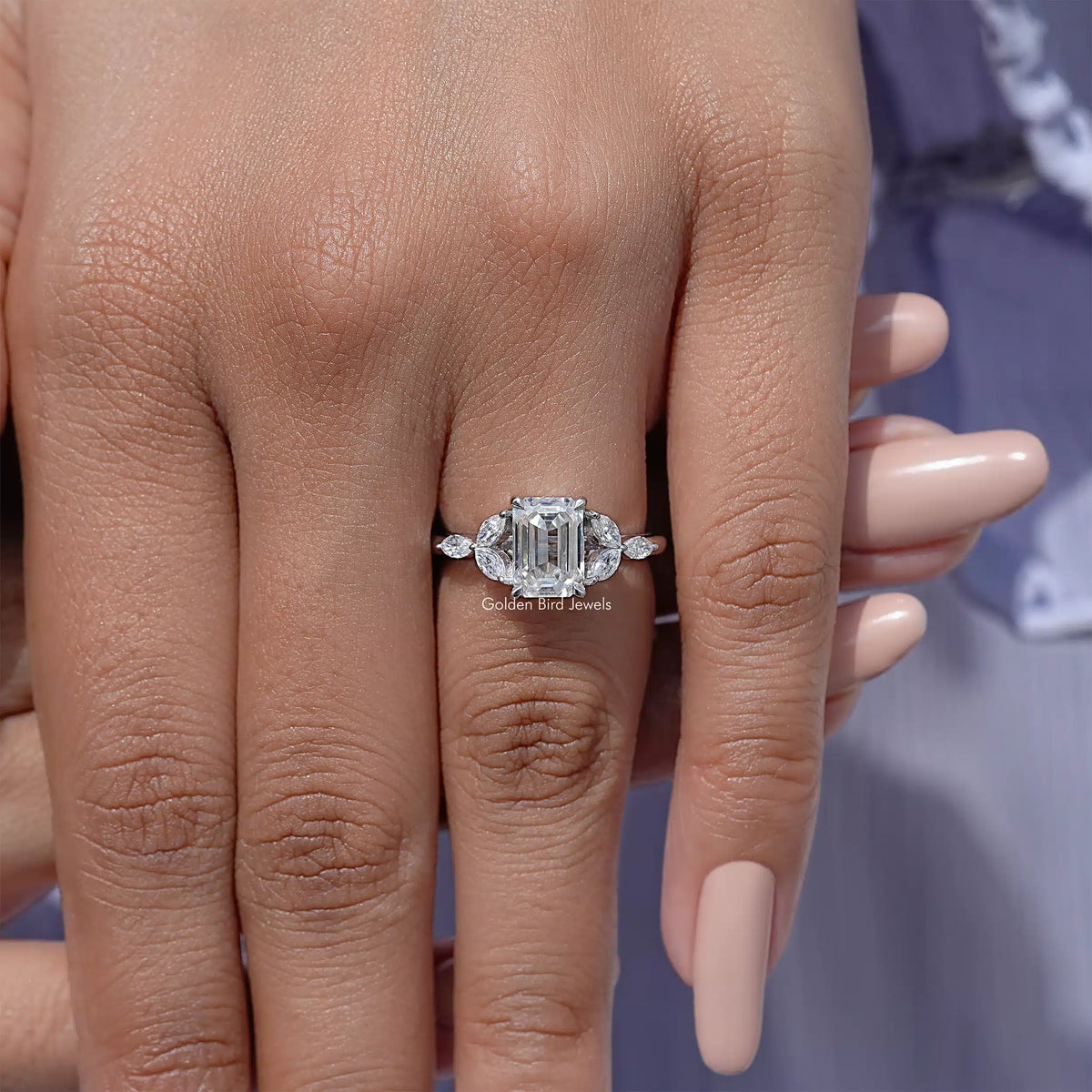 925 silver moissanite wedding ring with emerald-cut center and side stones