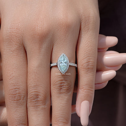 925 sterling silver halo marquise-cut blue accent bridal ring on hand
