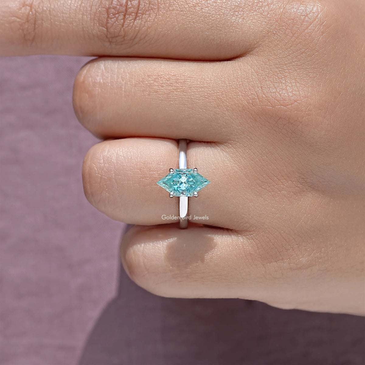 925 sterling silver marquise moissanite solitaire ring with hidden halo, light-blue center