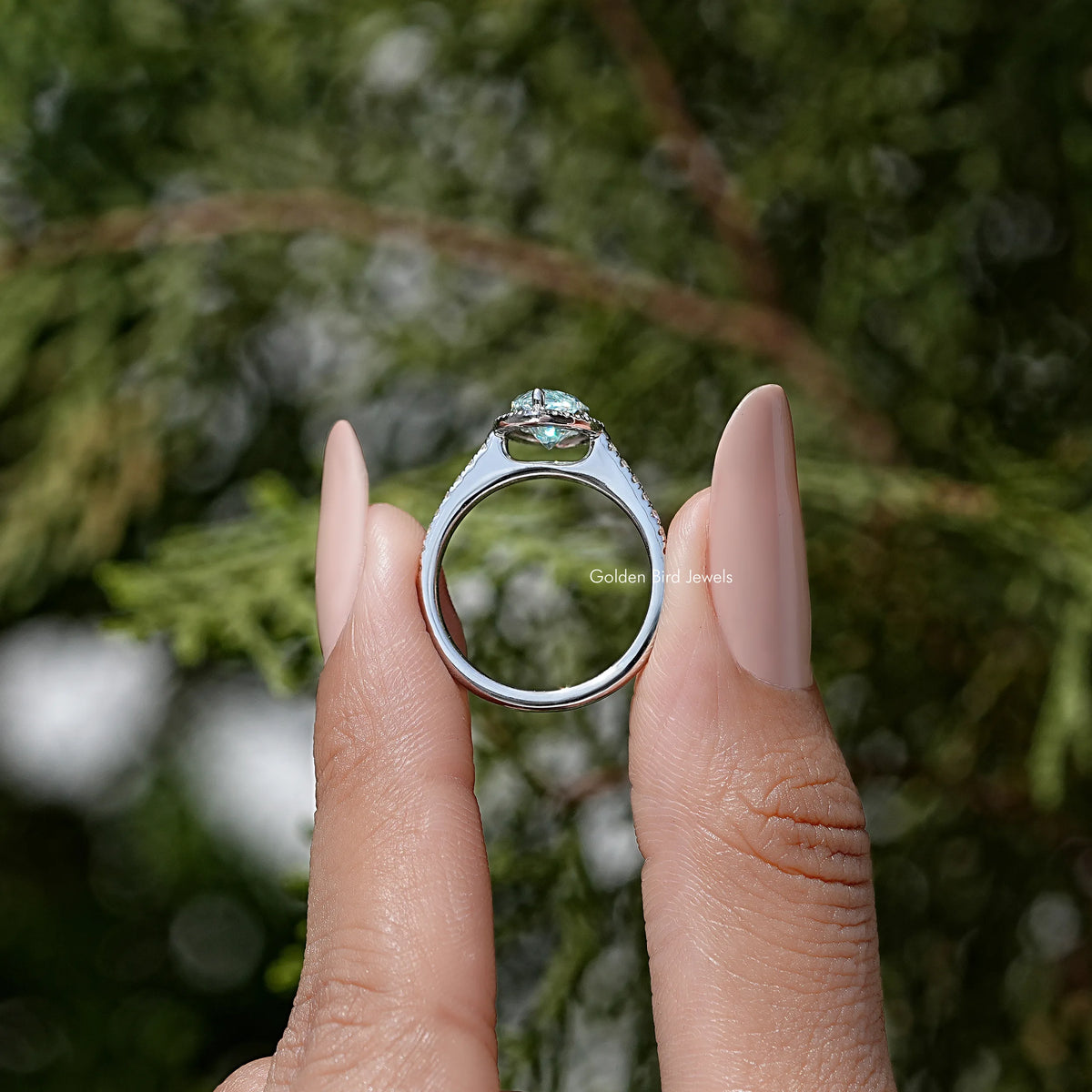 Sterling silver marquise-cut blue ring shown from underside