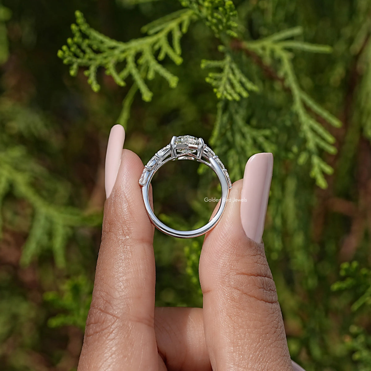 Sterling silver band with marquise-cut moissanite centerpiece, front view