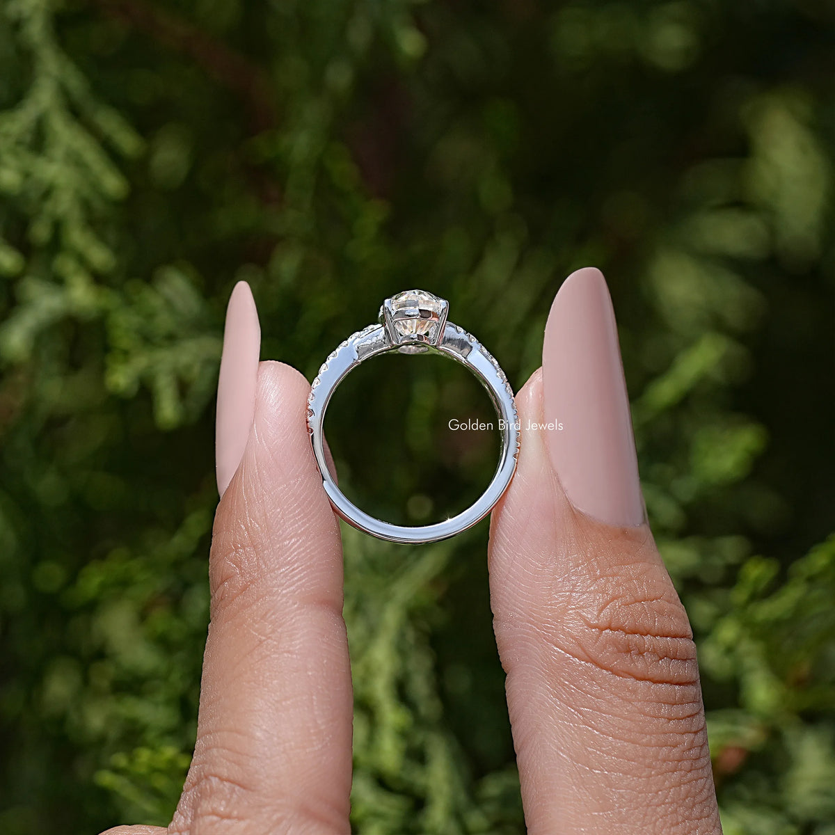Twisted accent wedding ring view of round underside and marquise center stone