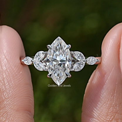 Marquise-cut moissanite diamond leaves ring, marquise center with round leaf-like stones