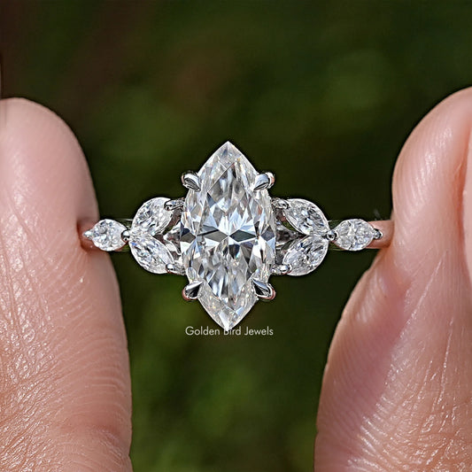 Marquise-cut moissanite diamond leaves ring, marquise center with round leaf-like stones