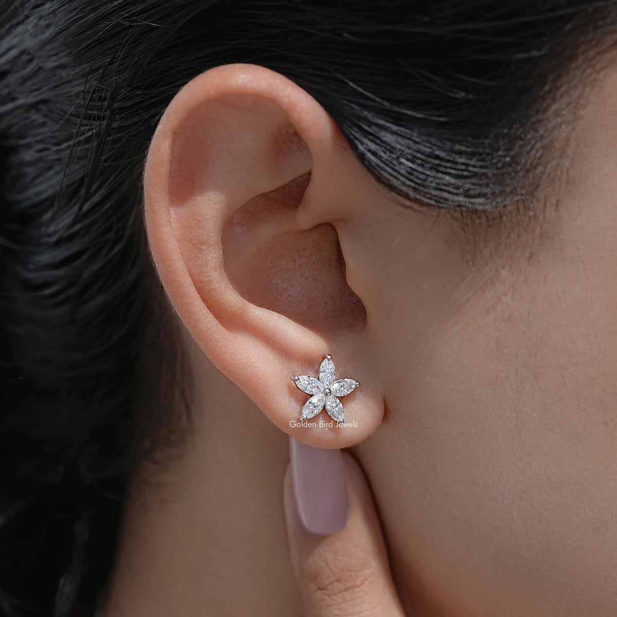 Marquise-cut diamond floral stud earrings, flower motif with marquise stones