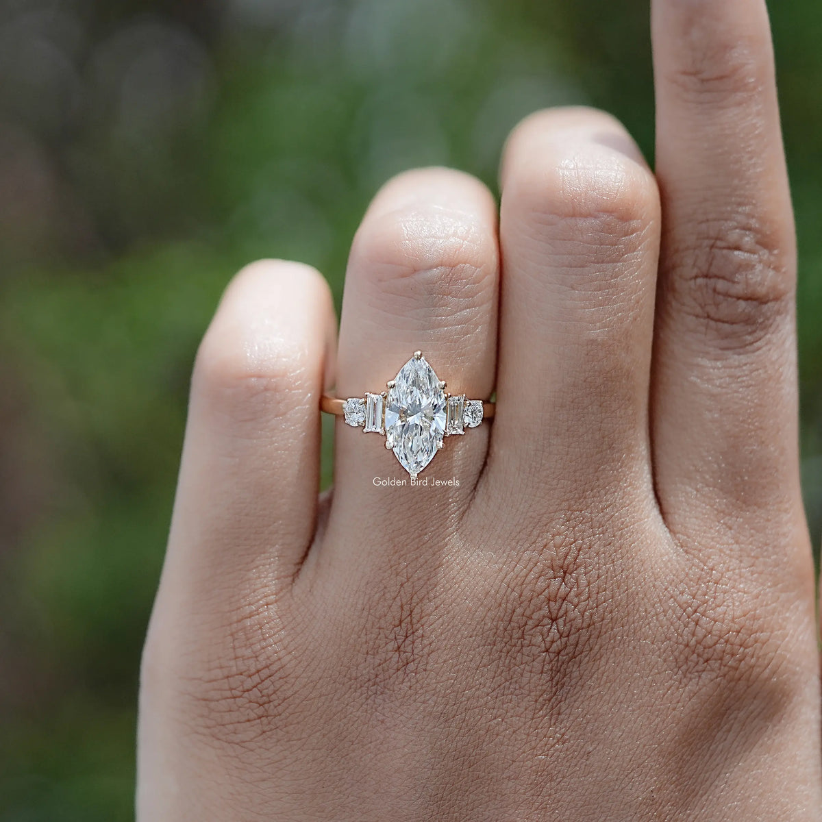 Front view of Marquise And Baguette Lab Diamond Five Stone Ring